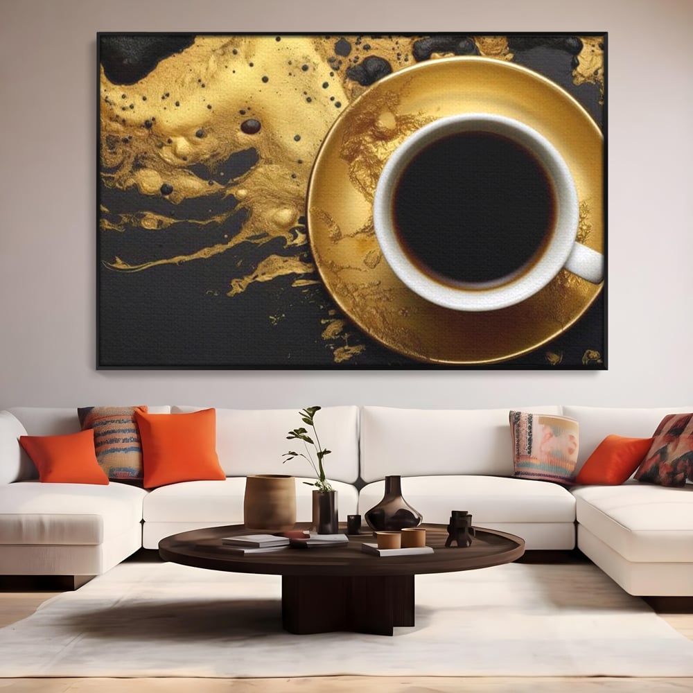 Tablou canvas cu tablou canvas cu ceasca de cafea, in rama de aluminiu negru, pe perete intr-un living